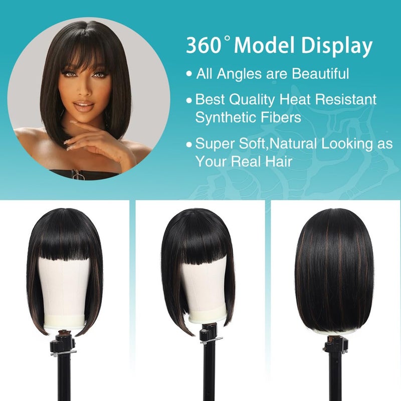 Kalyss Bob Wigs for Women Short Straight Bob Wig with Hair Bangs Natural Looking Heat Resistant Synthetic Hair Wigs for Women 13 Inches (Mix Black Brown) - Image 5